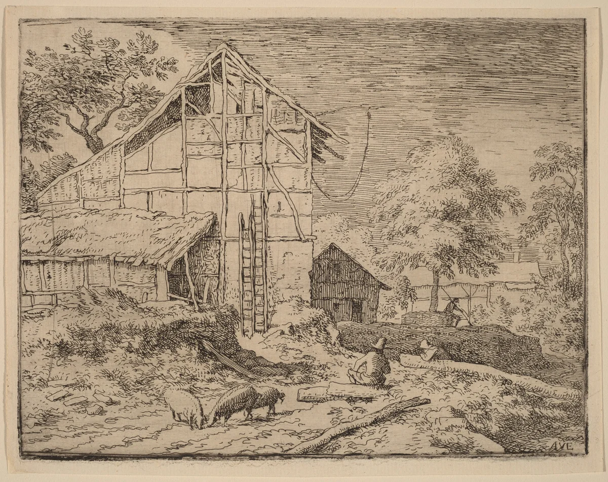 Cottage with Two Ladders by Allart van Everdingen, print, 1645-1656