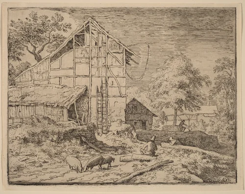 Cottage with Two Ladders by Allart van Everdingen, print, 1645-1656