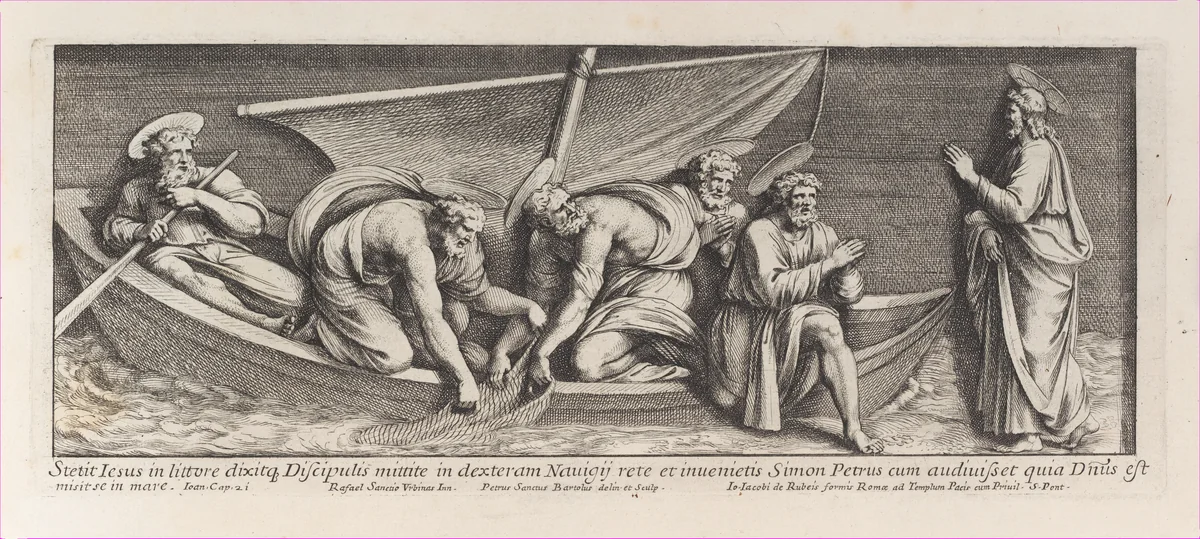 Christ speaking with Saint Peter, who kneels before him in adoration and with his hands joined in prayer, while the Apostles draw up their nets behind him, after Raphael's Stanza dell'incendio del Borgo, from a series of 15 plates, depicting Raphael's works for the Vatican stanze and the Sistine Chapel tapestries by Pietro Santi Bartoli, print, 1650-1670