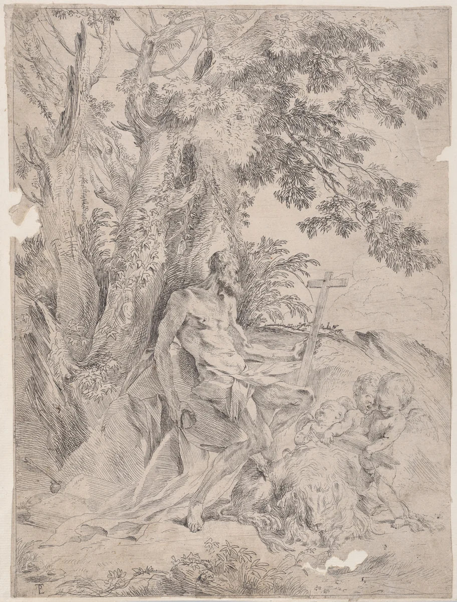 Saint Jerome before a crucifix accompanied by a lion and three putti by Pietro Testa, print, 1600-1650