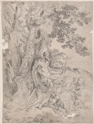 Saint Jerome before a crucifix accompanied by a lion and three putti by Pietro Testa, print, 1600-1650