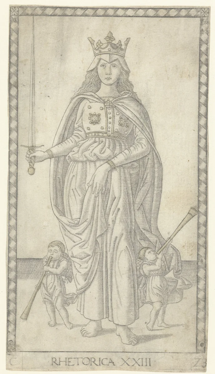 Retorica met zwaard en twee kleine engelen met bazuinen by anonymous, print, 1463-1467