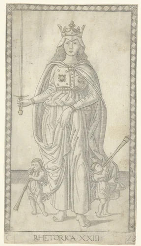Retorica met zwaard en twee kleine engelen met bazuinen by anonymous, print, 1463-1467