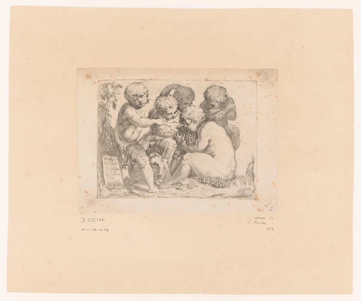 Bacchanaal met vijf kinderen by Zacharie Heince, print, 1630-1635