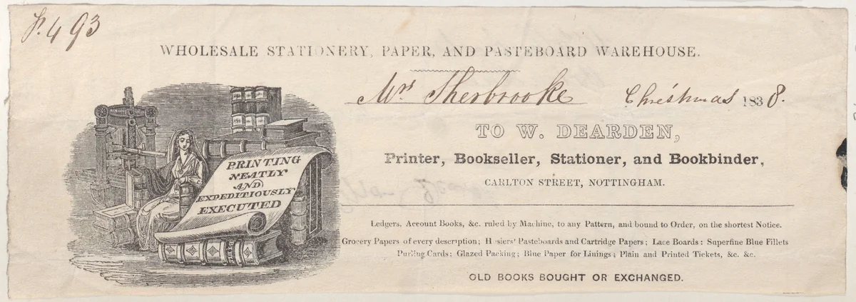 Trade Card for W. Dearden, Printer, Bookseller, Stationer, and Bookbinder by anonymous, print, 1800-1900