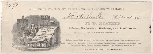 Trade Card for W. Dearden, Printer, Bookseller, Stationer, and Bookbinder by anonymous, print, 1800-1900