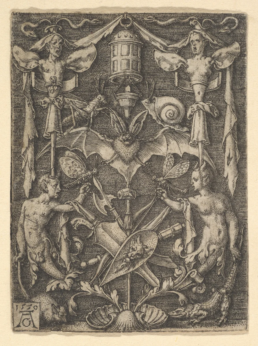 Design for a Candelabra Grotesque with a Bat in the Center by Heinrich Aldegrever, print, 1550