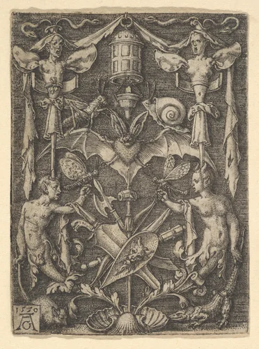Design for a Candelabra Grotesque with a Bat in the Center by Heinrich Aldegrever, print, 1550