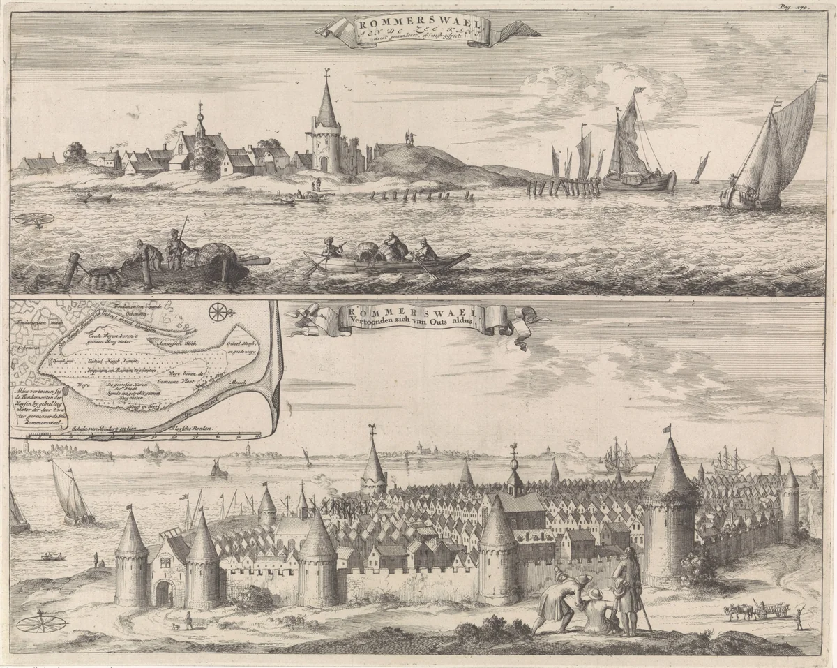 Reimerswaal in huidige en vroegere tijden, 1634 by Jan Luyken, print, 1696