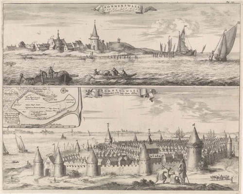 Reimerswaal in huidige en vroegere tijden, 1634 by Jan Luyken, print, 1696