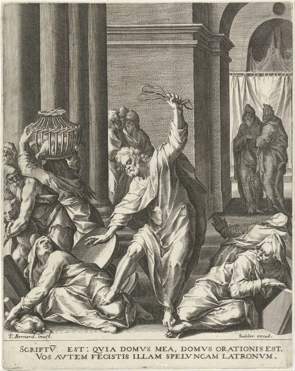 Verdrijving van de geldwisselaars uit de tempel by Johann Sadeler, print, 1570-1600