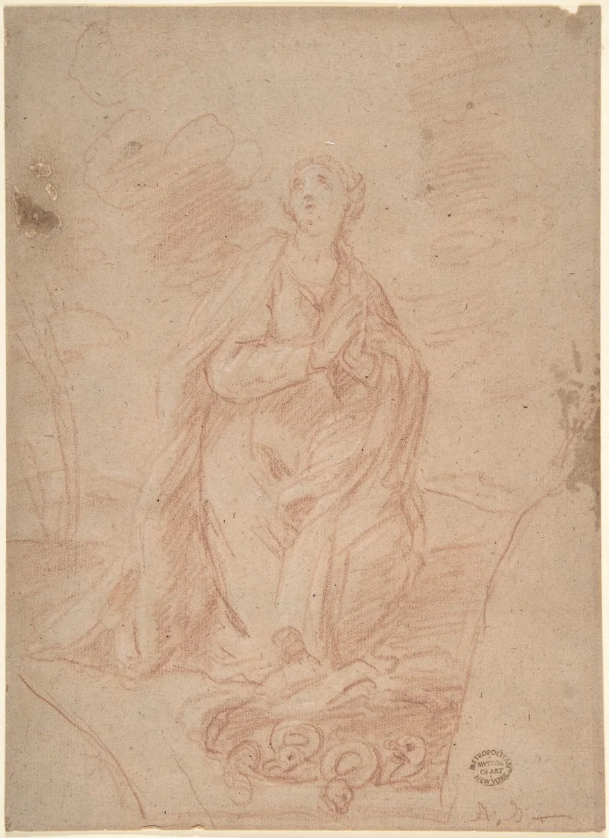 Virgin Kneeling in Prayer by anonymous, drawing, 1600-1700