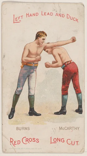 Left Hand Lead and Duck, Bobby Burns and Cal McCarthy, from the Boxing Positions and Boxers series (N266) issued by P. Lorillard Company to promote Red Cross Long Cut Tobacco by P. Lorillard Company, print, 1893