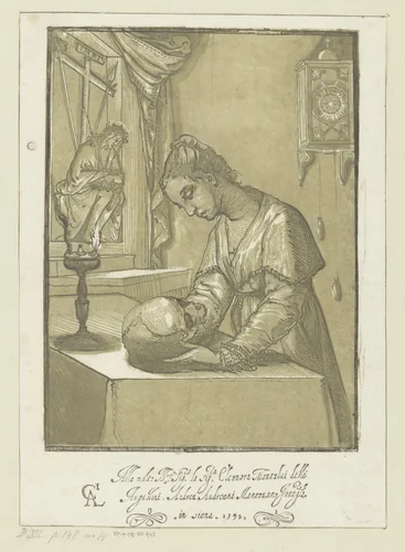 Vrouw met een schedel by Unknown, print, 1591