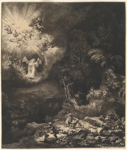 The Angel Appearing to the Shepherds by Rembrandt van Rijn, print, 1634