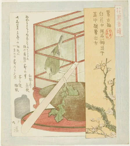 Warbler in a cage, from the series "A Series for the Hanazono Group (Hanazono bantsuzuki)" by Totoya Hokkei (魚屋北渓), print, 1823