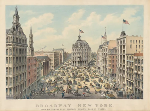 Broadway, New York: From the Western Union Telegraph Building Looking North by Currier and Ives, print, 1875