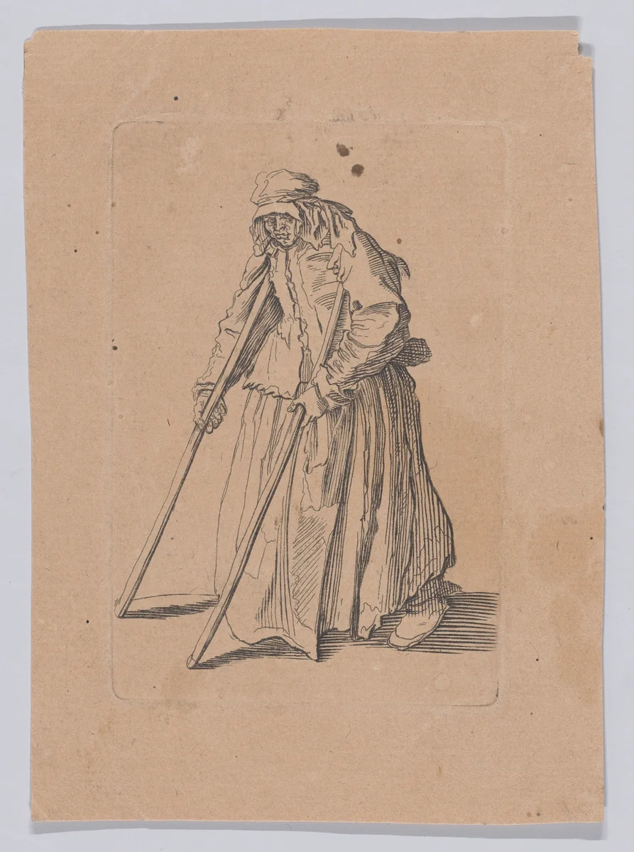 Reverse and Reduced Copy of La Mendiante aux Béquilles (The Female Beggar with Crutches), from "Les Gueux suite appelée aussi Les Mendiants, Les Baroni, ou Les Barons" (The Beggars, also called the Barons) by anonymous, print, 1625-1700