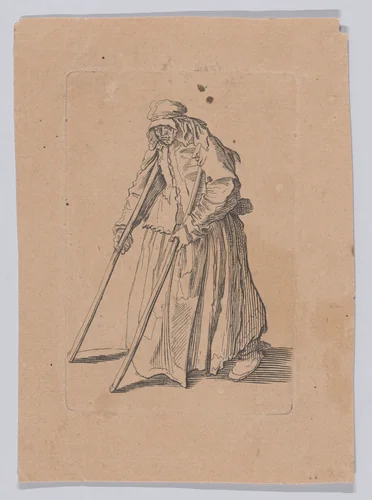 Reverse and Reduced Copy of La Mendiante aux Béquilles (The Female Beggar with Crutches), from "Les Gueux suite appelée aussi Les Mendiants, Les Baroni, ou Les Barons" (The Beggars, also called the Barons) by anonymous, print, 1625-1700