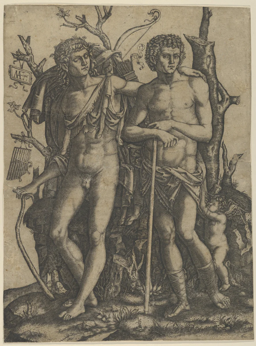 Apollo standing at the left, his hand resting on the shoulder of Hyacinthus, Cupid in the lower right by Marcantonio Raimondi, print, 1506