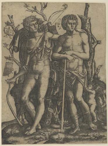 Apollo standing at the left, his hand resting on the shoulder of Hyacinthus, Cupid in the lower right by Marcantonio Raimondi, print, 1506