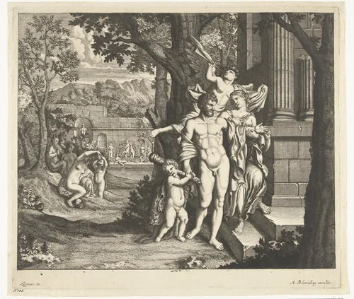 Hercules en Omphale by Abraham Bloteling, print, 1655-1690