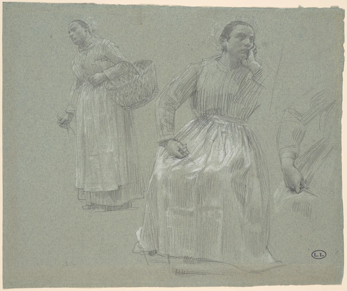 Study of Two Women, One Seated and One Holding a Basket by Léon Augustin Lhermitte, drawing, 1879