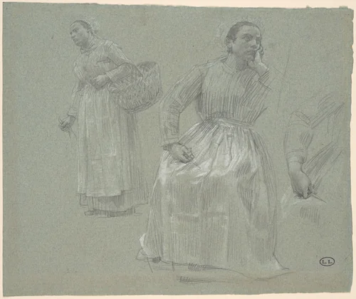 Study of Two Women, One Seated and One Holding a Basket by Léon Augustin Lhermitte, drawing, 1879