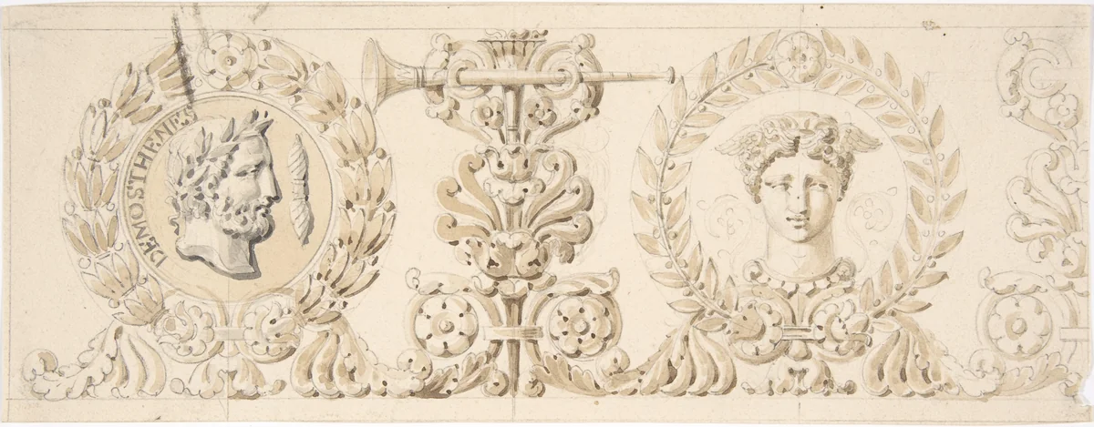 Classical Frieze with Head of Demosthenes by anonymous, drawing, 1700-1799