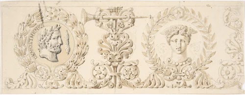 Classical Frieze with Head of Demosthenes by anonymous, drawing, 1700-1799