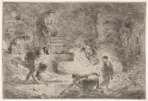 Tobit burying the dead by Giovanni Benedetto Castiglione, print, 1647-1651