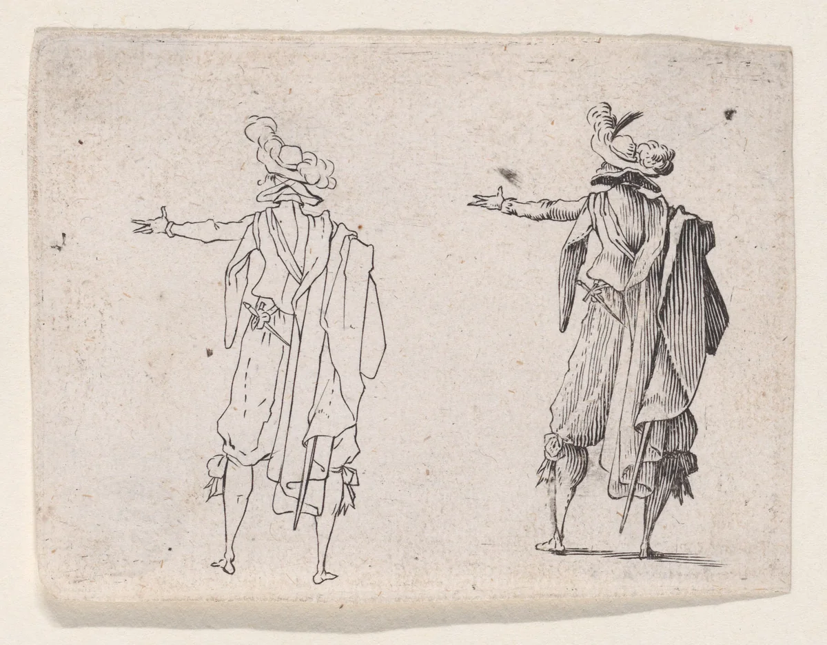 Reverse Copy of L'Homme vu de Dos, La Main Droit Tendue (Man Viewed from Behind, His Right Hand Extended), from "Les Caprices" Series A, The Florence Set by anonymous, print, 1620-1700