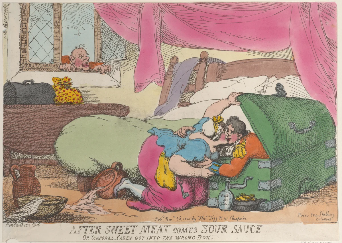 After Sweet Meat Comes Sour Sauce, or Corporal Casey Got into the Wrong Box by Thomas Rowlandson, print, 1810