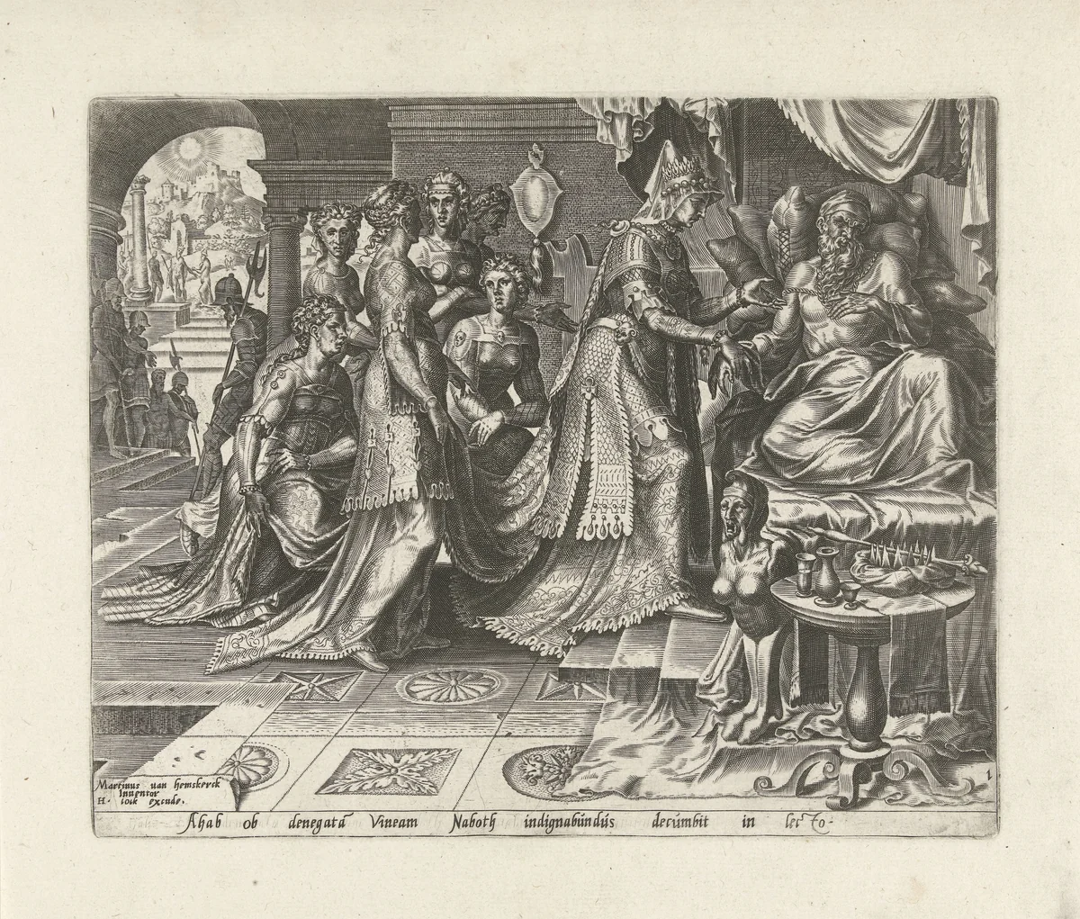 Izebel belooft koning Achab Nabots wijngaard te verkrijgen by Philips Galle, print, 1561