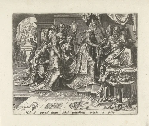 Izebel belooft koning Achab Nabots wijngaard te verkrijgen by Philips Galle, print, 1561
