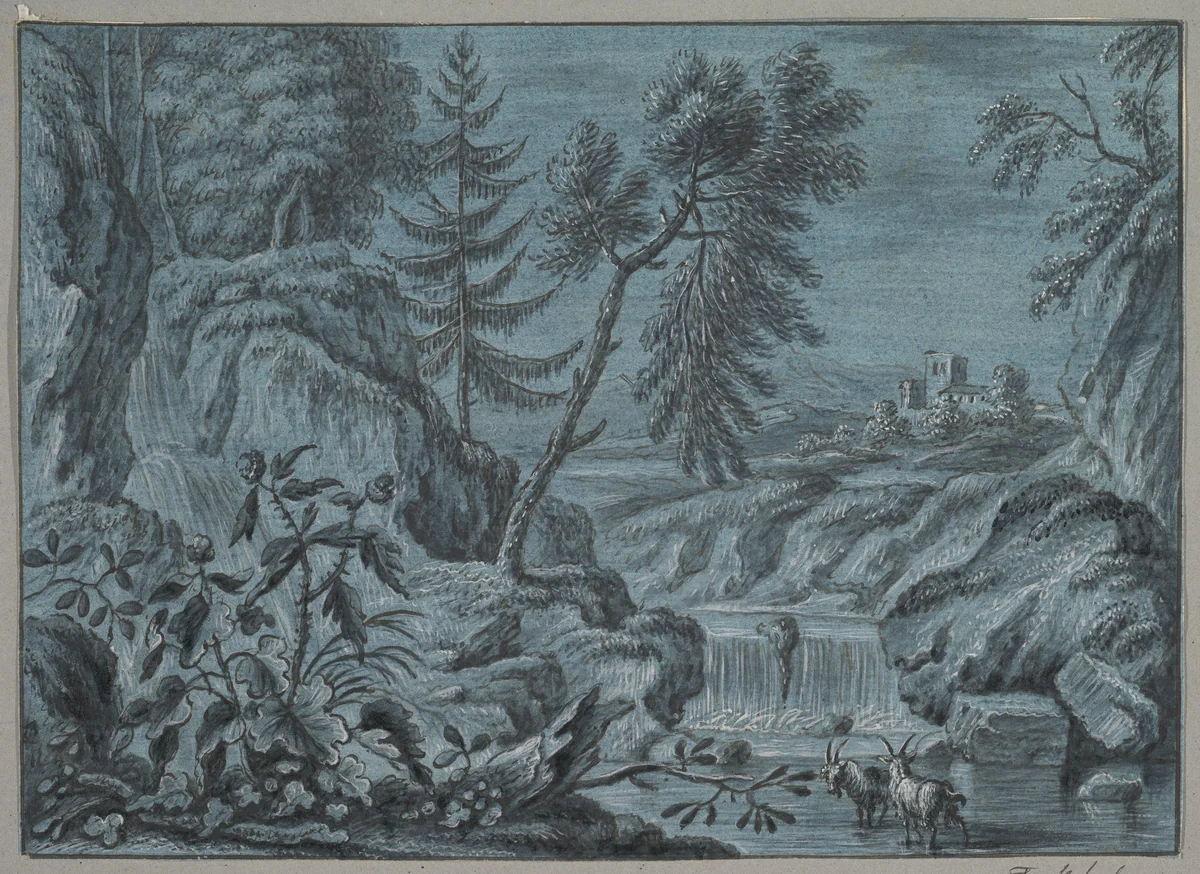 Southern Landscape with a Waterfall and Goats by Ferdinand Kobell, drawing, 1760-1799