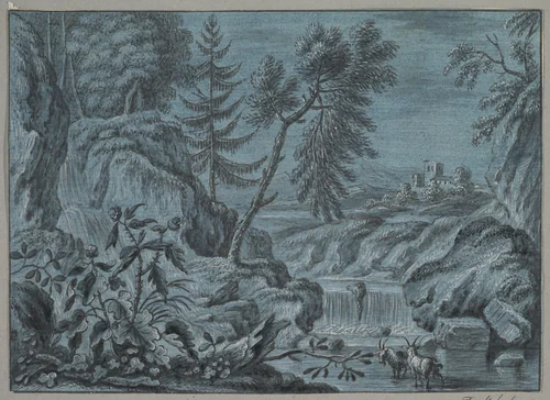 Southern Landscape with a Waterfall and Goats by Ferdinand Kobell, drawing, 1760-1799