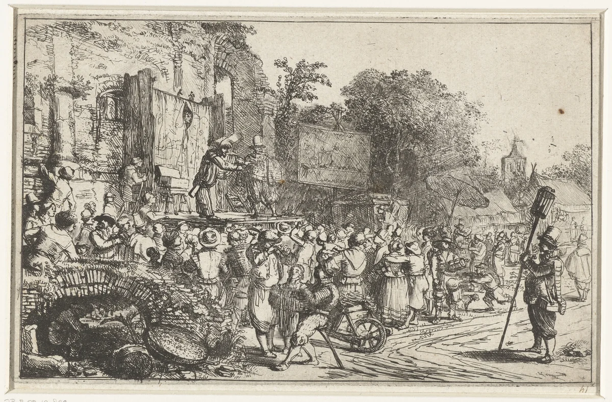 Dorpskermis met twee kwakzalvers by Constantijn à Renesse, print, 1636-1654