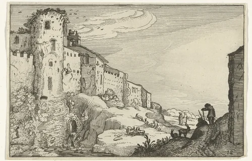 Landschap met Romeinse ruïne by anonymous, print, 1618