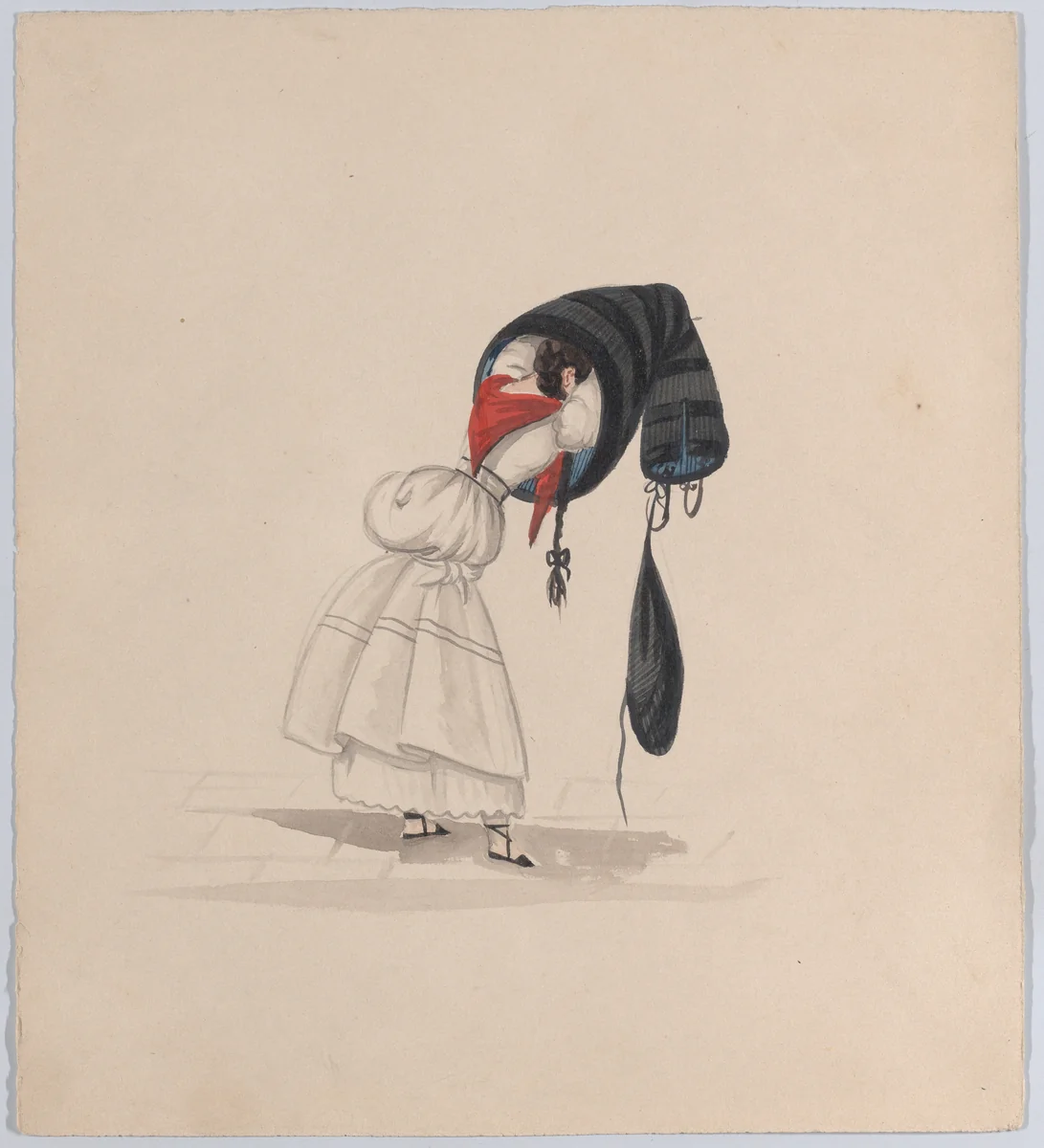 A woman putting on her saya, viewed from behind, from a group of drawings depicting Peruvian dress by Francisco Fierro, drawing, 1843-1853