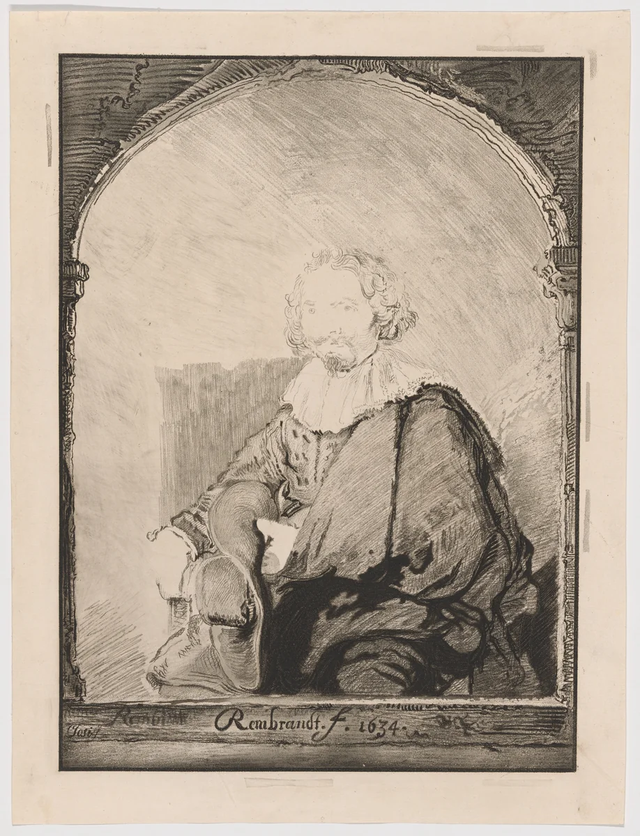 Portrait of a Man in an Armchair, from Collection d'imitations de Dessins d'après les Principaux Maîtres Hollandais et Flamands by Rembrandt van Rijn, print, 1826
