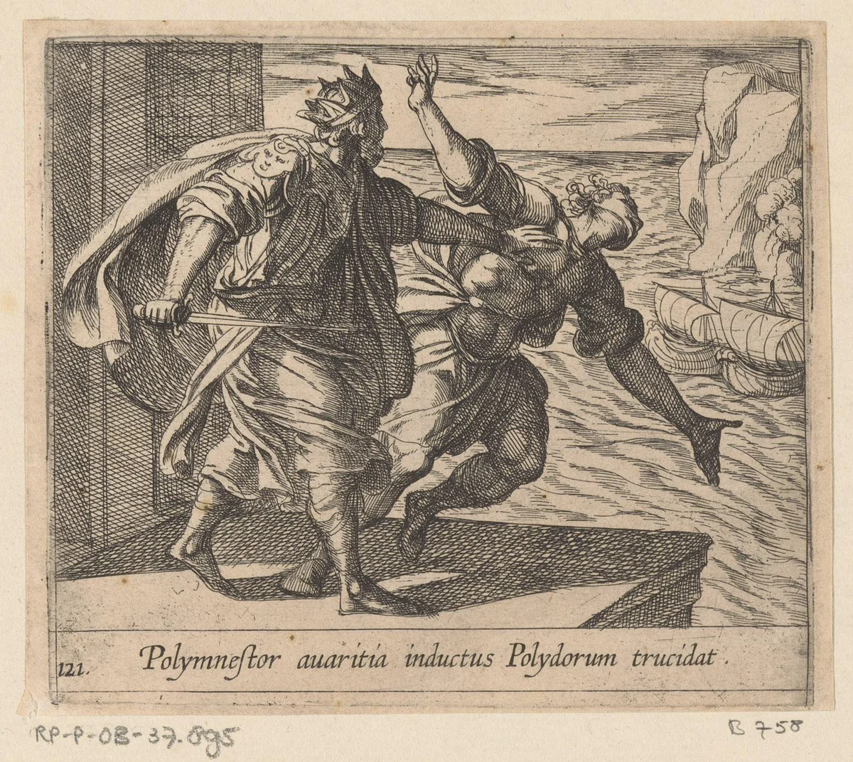 Polymestor vermoordt Polydorus by Antonio Tempesta, print, 1606