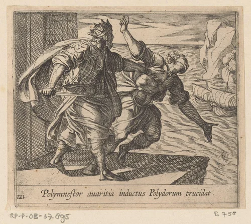 Polymestor vermoordt Polydorus by Antonio Tempesta, print, 1606