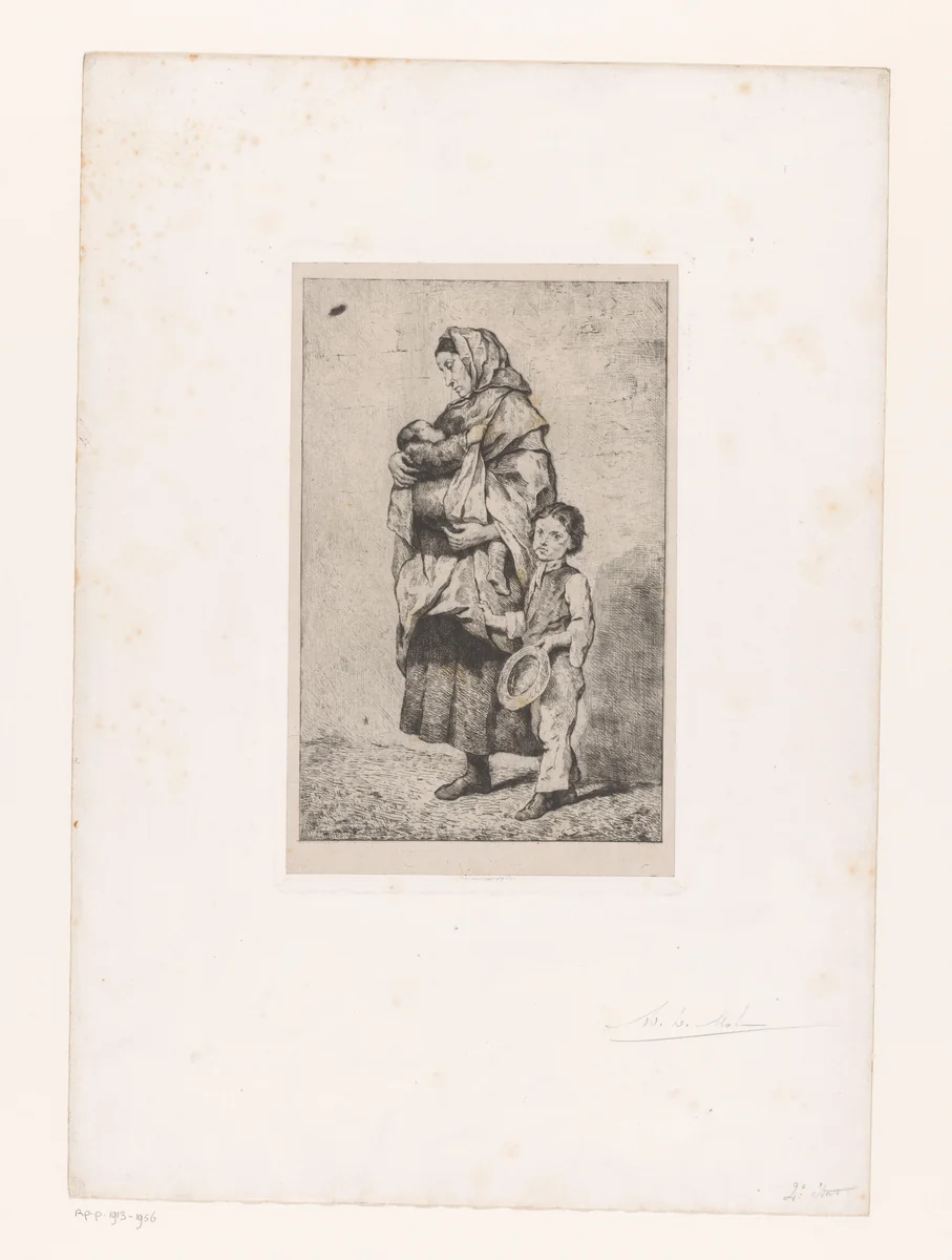 Vrouw met een kind in haar armen en een jongen naast haar by Adolphe Léonard De Mol, print, 1874