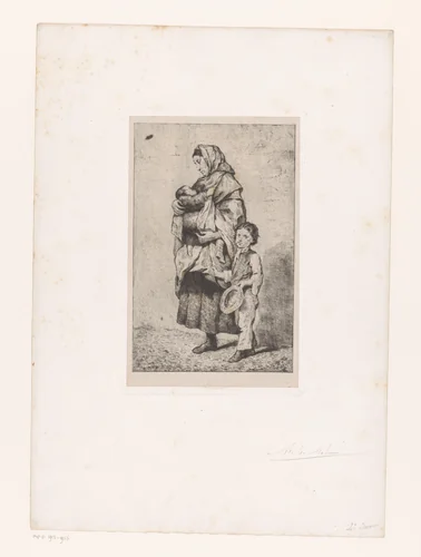 Vrouw met een kind in haar armen en een jongen naast haar by Adolphe Léonard De Mol, print, 1874