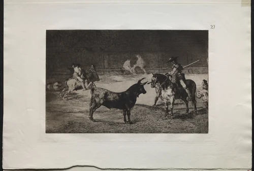 Bullfights: The Celebrated Picador, Fernando del Toro, Draws the Fierce Beast on with his Pique by Francisco de Goya, print, 1816-1876