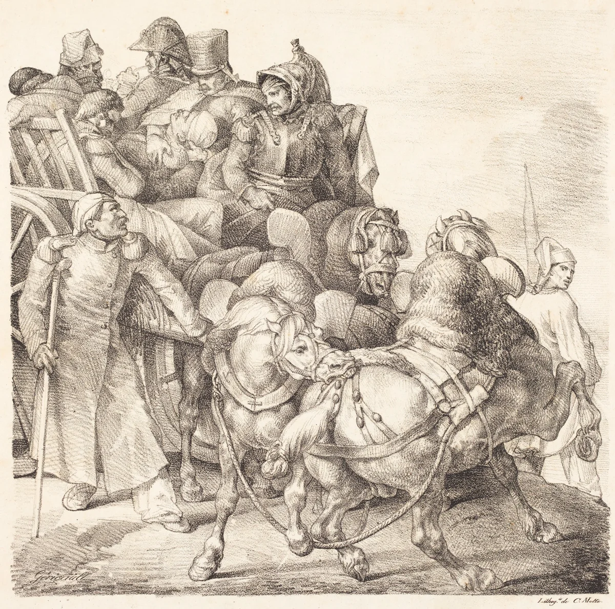 Cart Filled with Wounded Soldiers (Chariot charge de soldats blesses) by Théodore Gericault, print, 1818