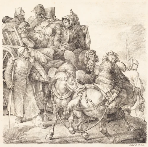 Cart Filled with Wounded Soldiers (Chariot charge de soldats blesses) by Théodore Gericault, print, 1818