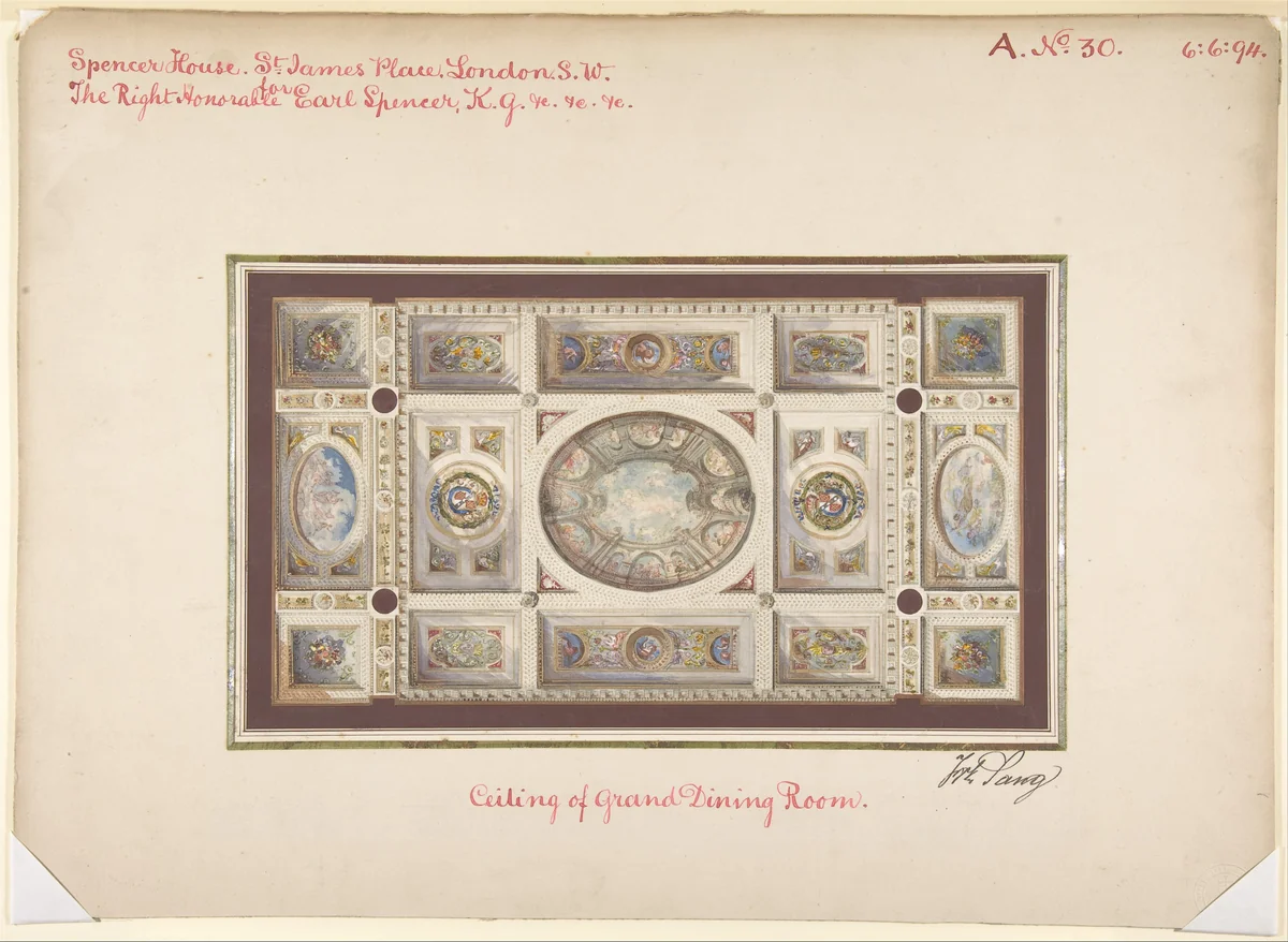 Ceiling of Dining Room, Spencer House, St. James Palace, London by Frederick Sang, drawing, 1865-1875
