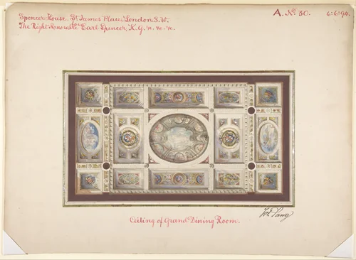 Ceiling of Dining Room, Spencer House, St. James Palace, London by Frederick Sang, drawing, 1865-1875